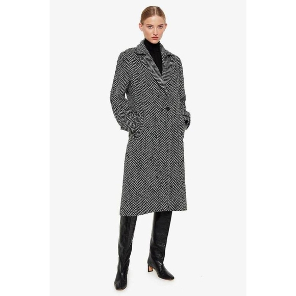 Anine Bing One Button Herringbone Long Coat Black White XS - Picture 1 of 4